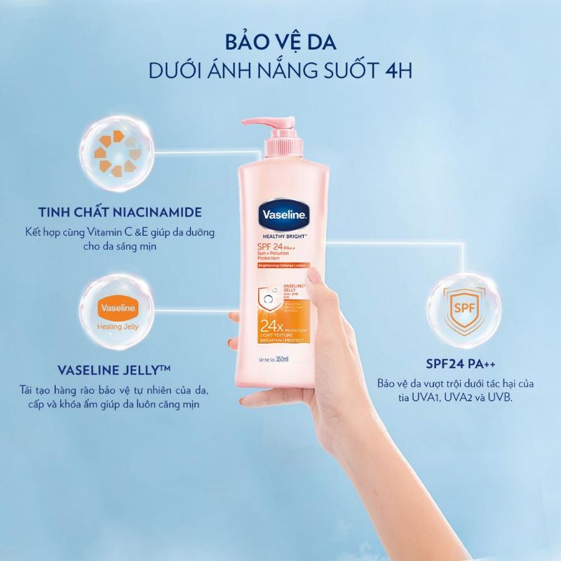 SỮA DƯỠNG THỂ VASELINE  CHỐNG NẮNG VÀ DƯỠNG SÁNG CHAI 350ML
