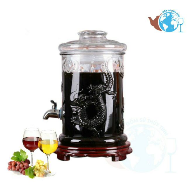 BìNh Ngâm Rượu Thủy Tinh 25 Lít, 15 Lít Có Van Và Không Van Dáng Trụ Rồng Hoa Văn