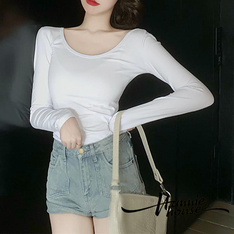 Áo thun cổ chữ U màu trơn hở lưng thời trang cho nữ