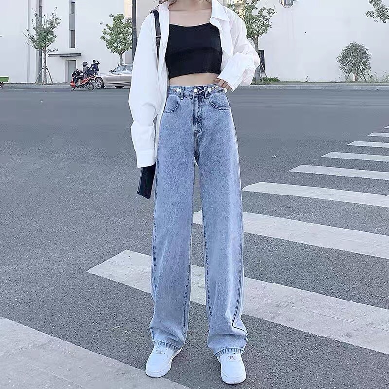 Quần jeans siêu dài cạp cao, quần jean ống rộng hai màu xanh đậm, xanh nhạt_j1