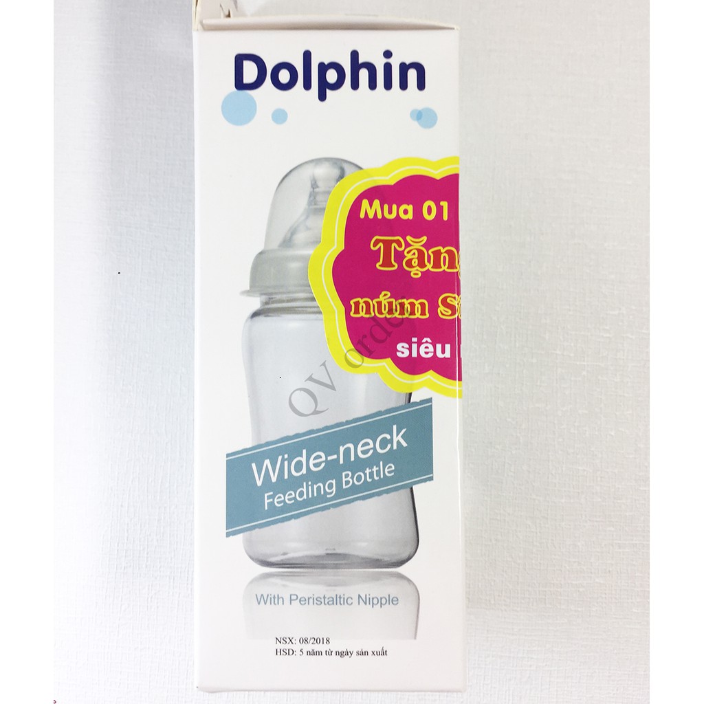 [FreeShip] Bình Sữa Cổ Rộng 200ml Dolphin - Tặng kèm thêm 1 núm ty siêu mềm - DP019