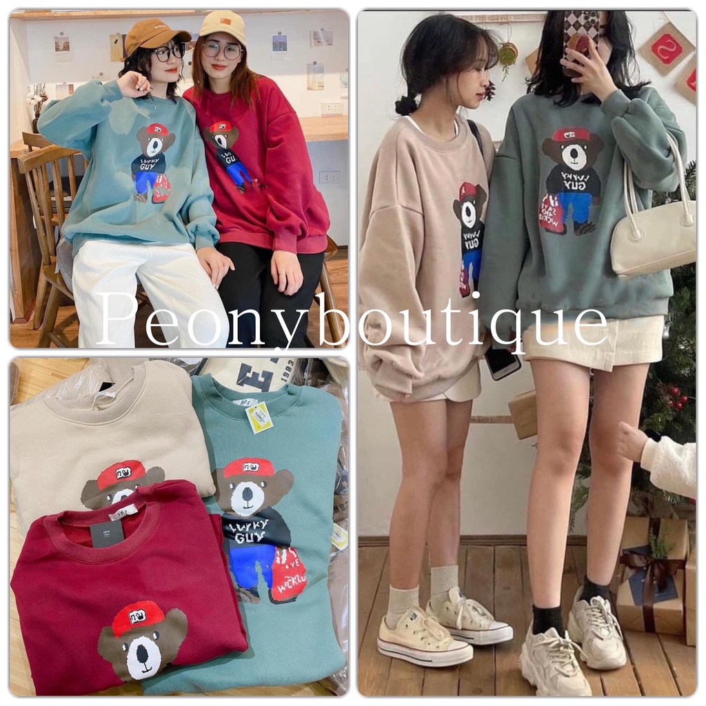 Áo Nỉ Gấu Lucky PEONYB Nữ [FREESHIP]  Sweater form rộng tay bồng, hoodie cổ tròn in hình vintage đẹp cá tính Ulzzang