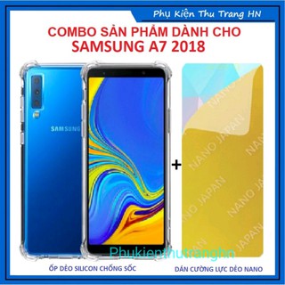 Combo Samsung A7 2018 Ốp dẻo silicon chống sốc hàng dày loại 1 + dán cường lực dẻo nano chống sứt mẻ viền máy