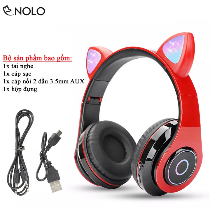 Tai Nghe Chụp Tai Headphone Bluetooth V5.0 Model B39 Kiểu Dáng Tai Mèo Đèn Led Hỗ Trợ Nghe Qua Dây Cắm AUX