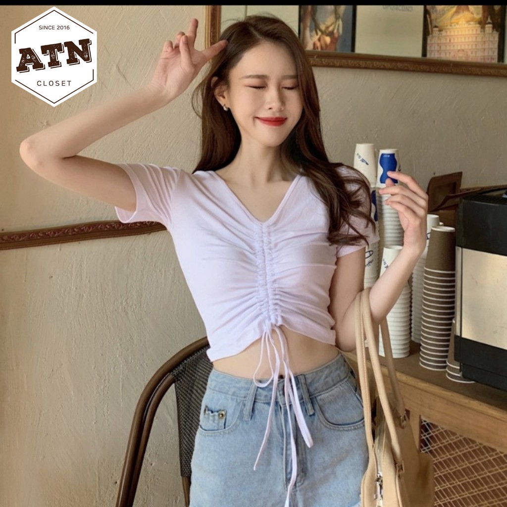 Áo Kiểu Croptop Rút Dây Ngực Tay Ngắn Chất Borip Dày Dặn Mềm Mại Co Giản Mạnh Size 53kg Dây Rút Tùy Chỉnh Ảnh Thật
