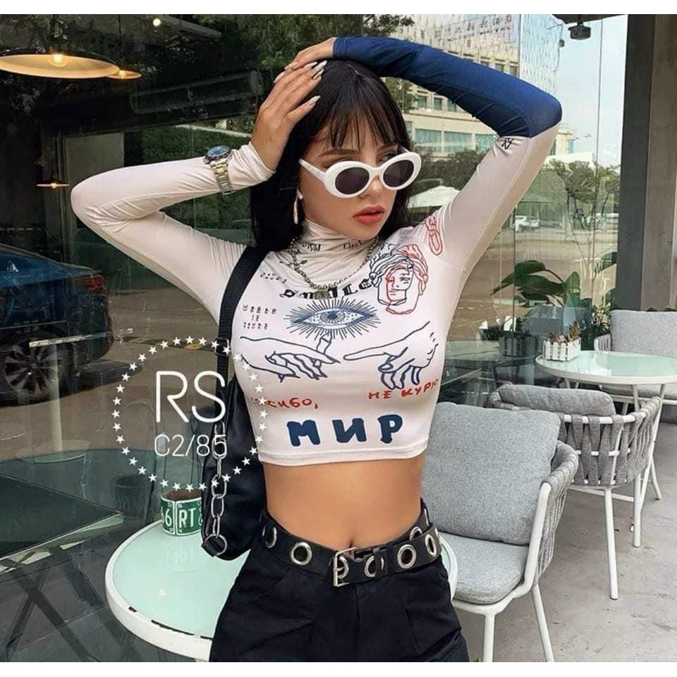 Áo thun ôm dáng tay dài cổ lọ hót họa tiết cá tính nu