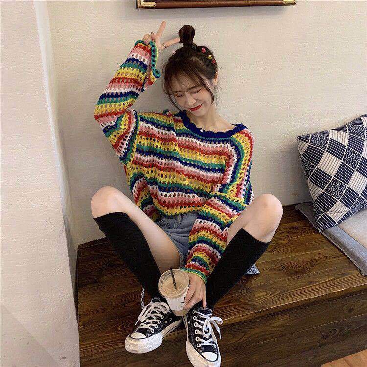 Áo Sweater Tay Dài Dáng Rộng Họa Tiết Kẻ Sọc Thời Trang Thu Đông Hàn Quốc Mới