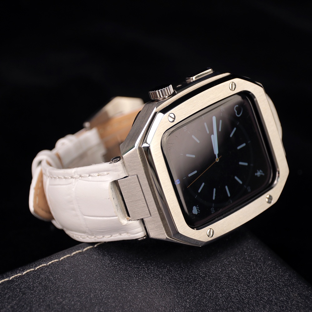 Jansin Modification Kit Leather Dây Đeo + Vỏ Bảo Vệ Inox Cho Apple Watch 8 45mm 44mm iwatch series 7 6 SE smart watch