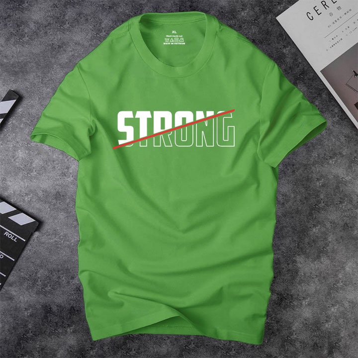Áo phông nam cổ tròn Depstyle PT101 in chữ STRONG, vải thun cotton 4 chiều mịn mát