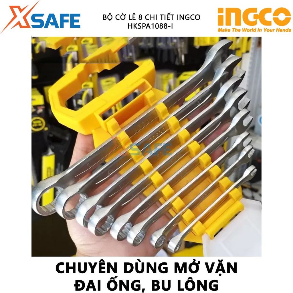 Bộ cờ lê vòng miệng 8 chi tiết INGCO HKSPA1088-I Bộ 8 cờ lê miệng vòng size 6-19mm, hợp kim thép cứng chắc chắn, bền