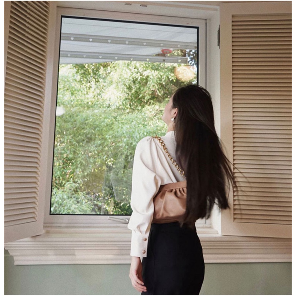 Áo sơ mi ZHELIHANGFEI tay dài cổ chữ V dáng rộng phong cách Pháp thời trang