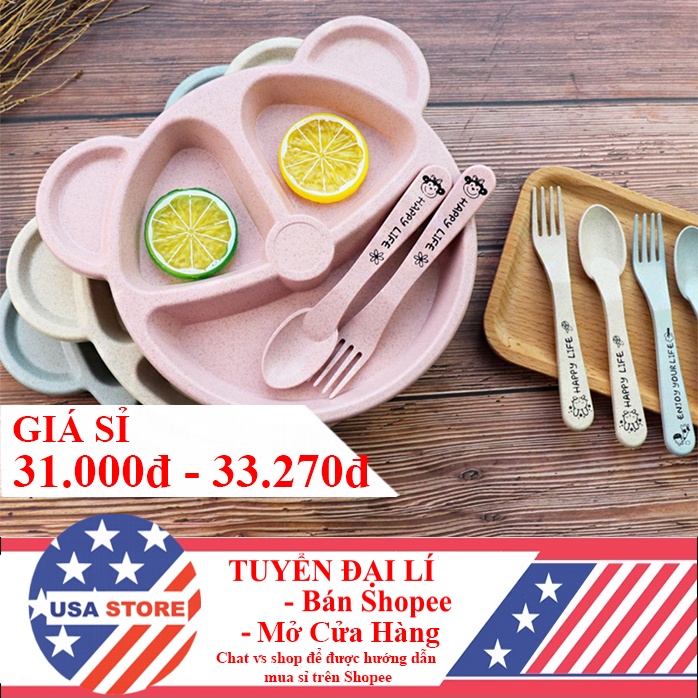 Set Bát Ăn Cơm 3 Ngăn MẶT GẤU V5 (TẶNG THÌA DĨA) Cho Bé - Chất Liệu Lúa Mạch An Toàn