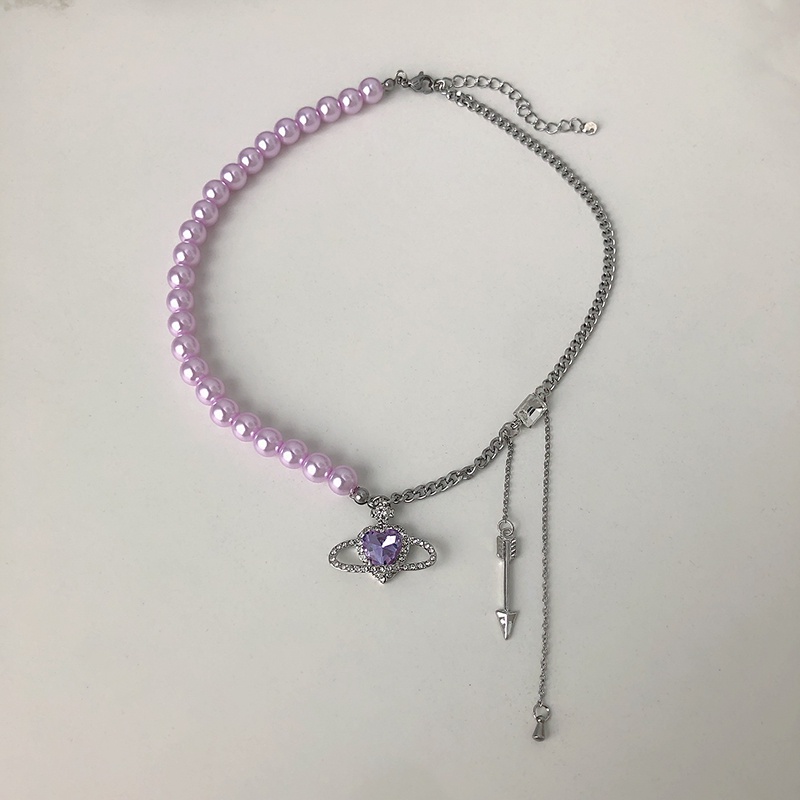 Vòng cổ gắn hạt ngọc trai tím mặt trái tim phong cách hip hop