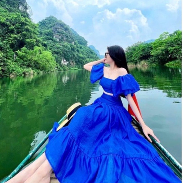 Sét Đầm maxi đi biển 2 món trễ vai 3 màu xanh coban vàng hồng