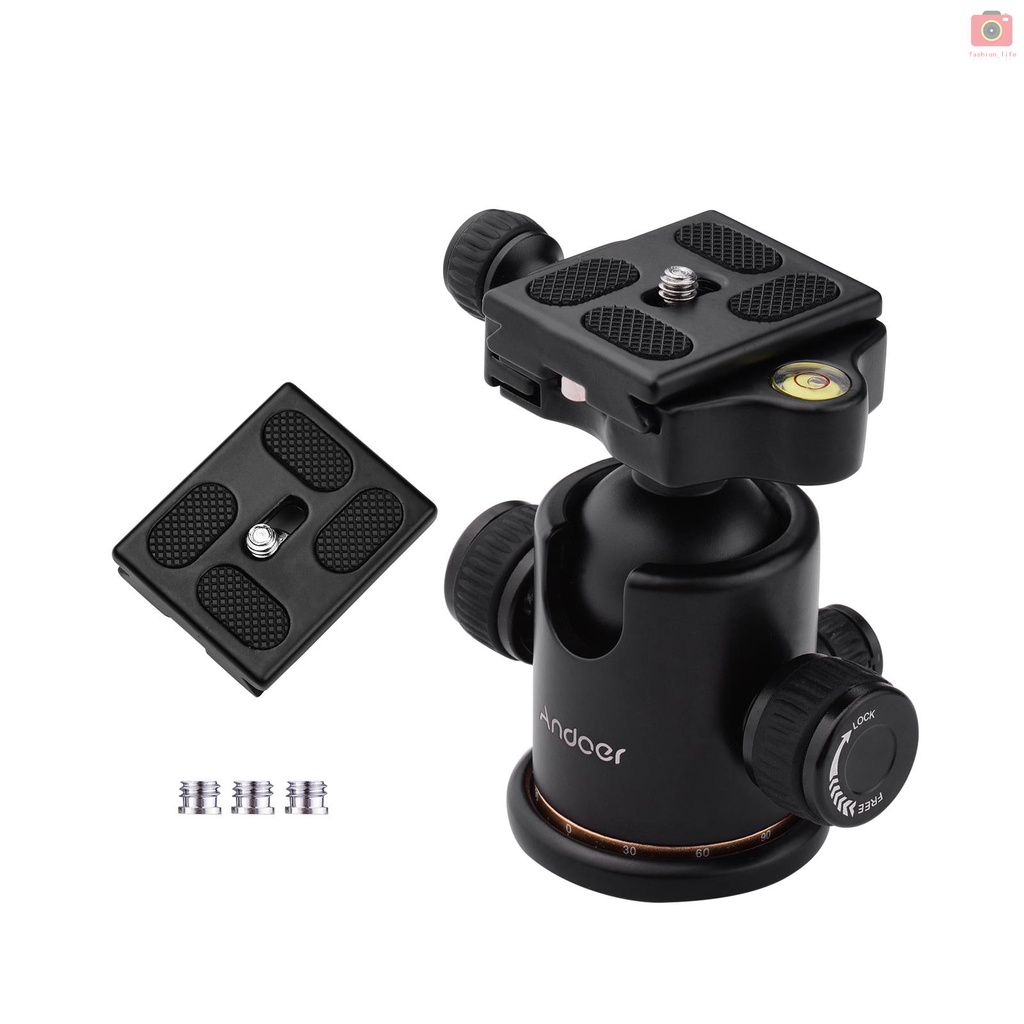 【fash】Andoer Aluminum Camera Panoramic Damper Ball Head Tripod Head 10KG Payload 360° Swivel 90° Flip with Quick Release Plate Scaled Plate Dual Bubble Level Universal 1/4in 3/8in Mounting