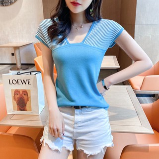 Áo thun dệt kim sát nách cổ chữ v kẻ sọc ngang trẻ trung