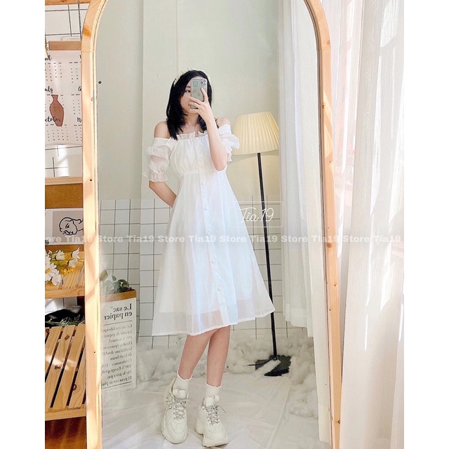 Váy trắng babydoll cúc dáng xoè ulzzang Tia19. Đầm cổ vuông tiểu thư trễ vai dự tiệc voan (Ảnh Thật) | BigBuy360 - bigbuy360.vn