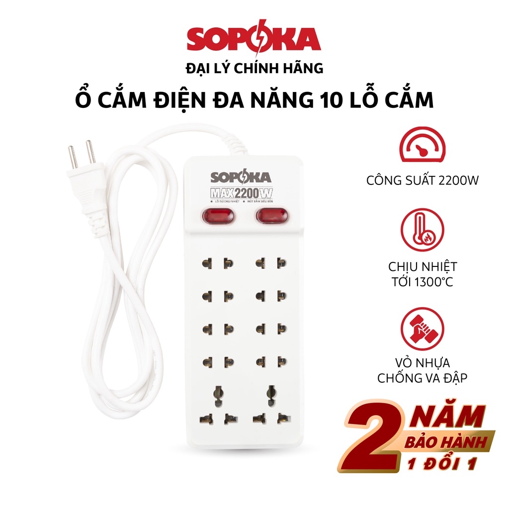Ổ cắm điện đa năng nhiều lỗ Sopoka chịu tải 2200W 10Y 10 lỗ cắm, 2 công tắc nguồn độc lập, chịu nhiệt, chống va đập