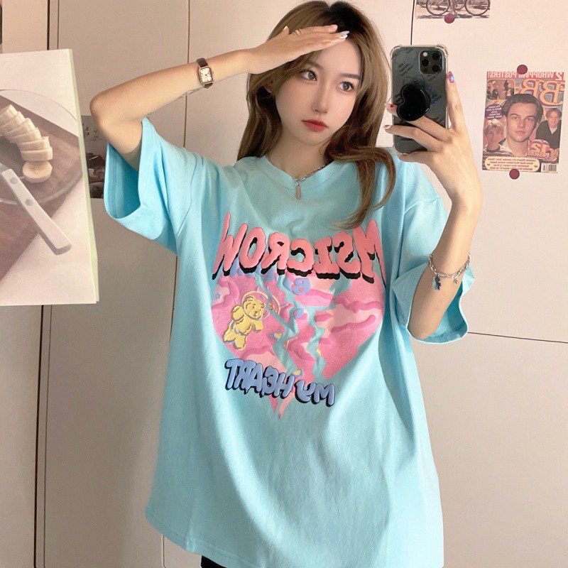 Áo thun tay ngắn in hoạt hình dáng rộng kiểu Hàn Quốc cho nữ