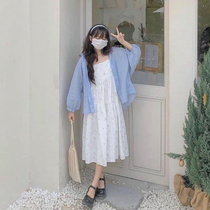 [ 𝐅𝐑𝐄𝐄 𝐒𝐇𝐈𝐏 ]  SÉT VÁY ÁO HOA NHÍ 2 DÂY MIX ÁO SƠ MI XANH BÊN NGOÀI Ạ