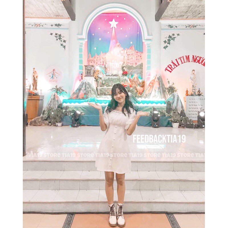 Váy cúc bọc trễ vai Tia19. Đầm tiểu thư trắng bẹt vai dáng xoè ( ẢNH THẬT ) | BigBuy360 - bigbuy360.vn
