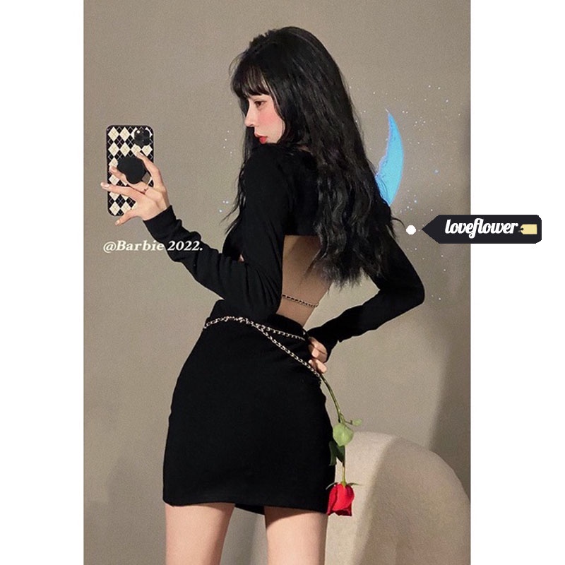 Đầm Dệt Kim Cổ Chữ v Hở Lưng Phối Dây Xích Quyến Rũ Thời Trang