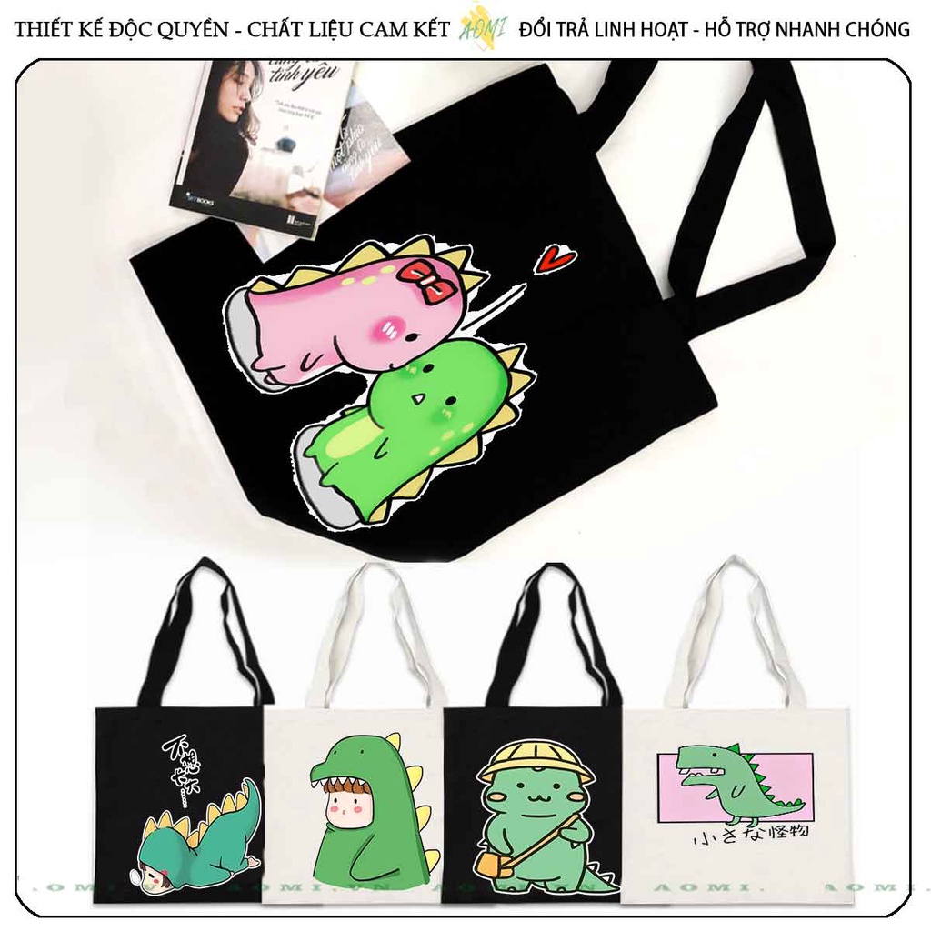 TOTE CANVAS KHỦNG LONG CUTE TÚI VẢI ĐEO VAI BAG CÓ KHÓA KÉO SIZE LỚN 33x38cm AOMIVN DU LỊCH MÀU ĐEN TRẮNG