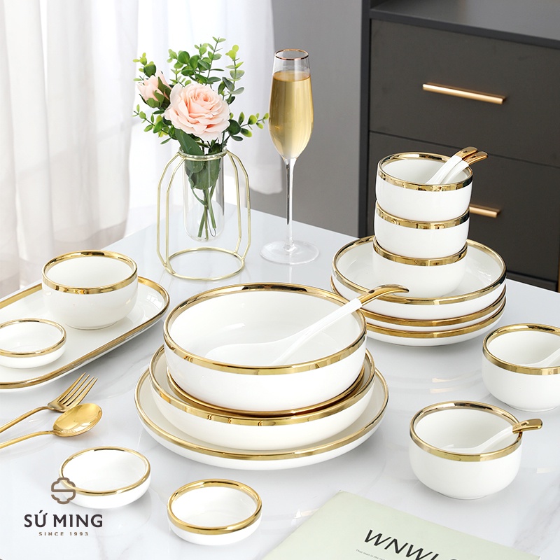 LẺ Bộ Bát Đĩa Sứ Màu Trắng Cao Cấp, Sang Trọng, viền vang 24k