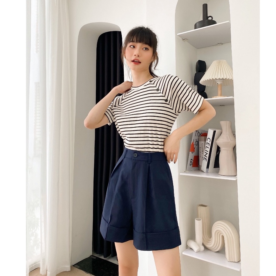 TUBYCATU | Áo thun Button Stripe Tee sọc ngang Trắng Đen/ Xanh Lá