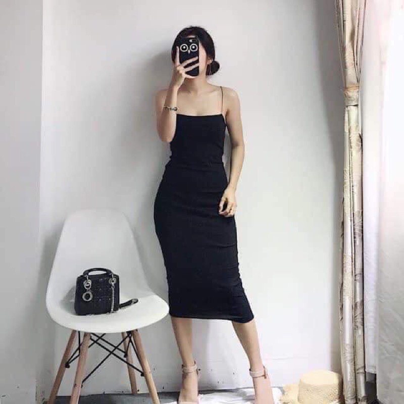Váy body đen tôn dáng Đầm 2 dây form ôm dài 1m2 vải len tăm dày đẹp freeship | BigBuy360 - bigbuy360.vn