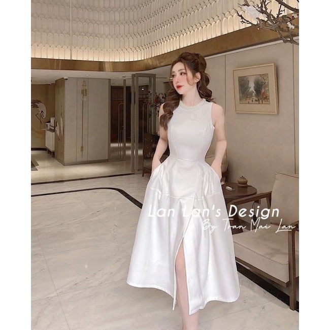 Đầm sát nách cổ đính ngọc 2 màu