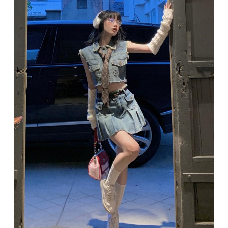 Set Áo Denim + Chân Váy Denim Lưng Cao Thời Trang Mùa Hè Dễ Phối Đồ Cho Nữ