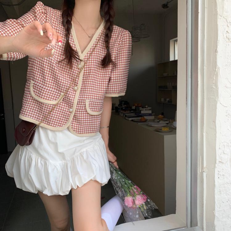 Áo cardigan SUXI tay ngắn cổ chữ V họa tiết ca rô thời trang thanh lịch dành cho nữ