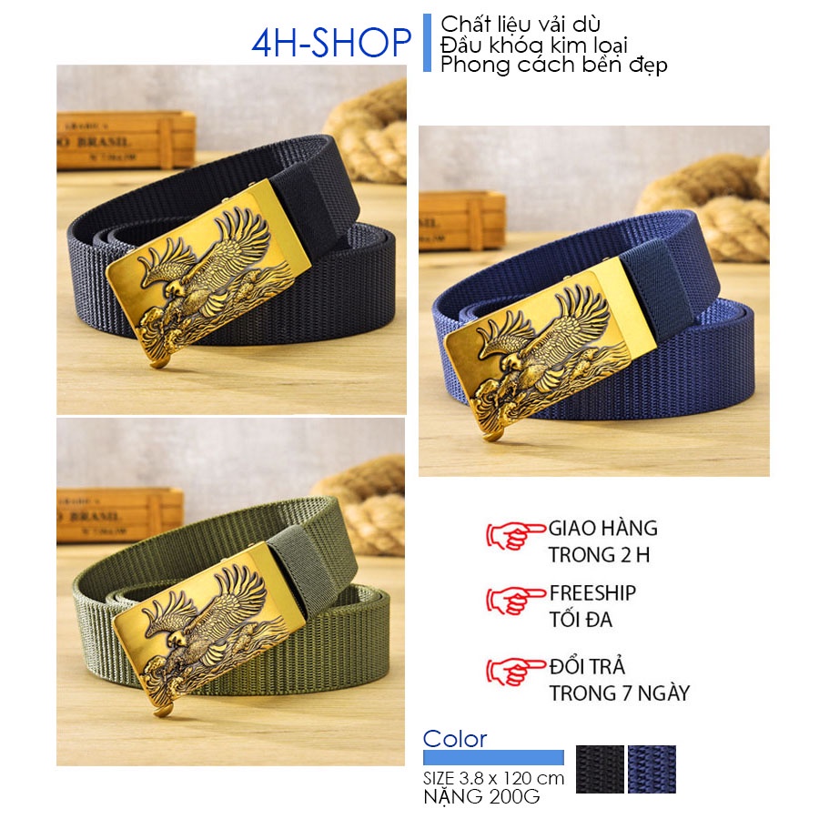Thắt lưng nam vải dù , khóa kim loại mạ vàng hình đại bàng tung cánh chỉnh dây tự động 4 x 7 cm dây 3.5 x 120 cm.