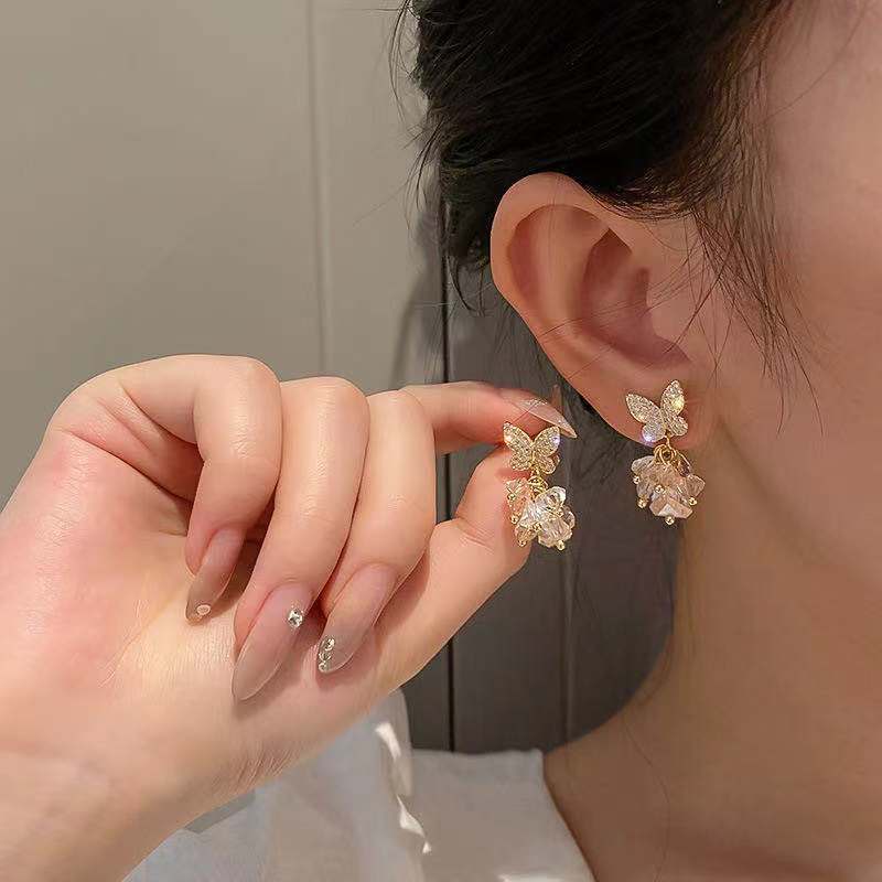 Khuyên tai RINHOO mạ bạc 925 kiểu bướm đính đá thời trang dành cho nữ