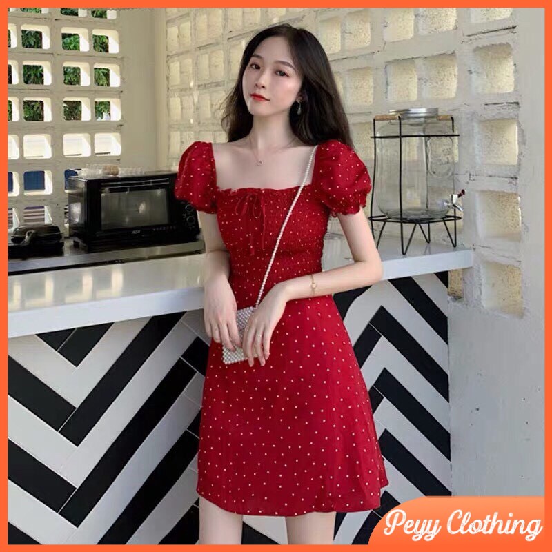 Váy vintage tay phồng dáng ngắn họa tiết chấm bi cute, Đầm nữ đẹp dáng suông phong cách ulzzang Hàn Quốc V04 - Peyy Clot