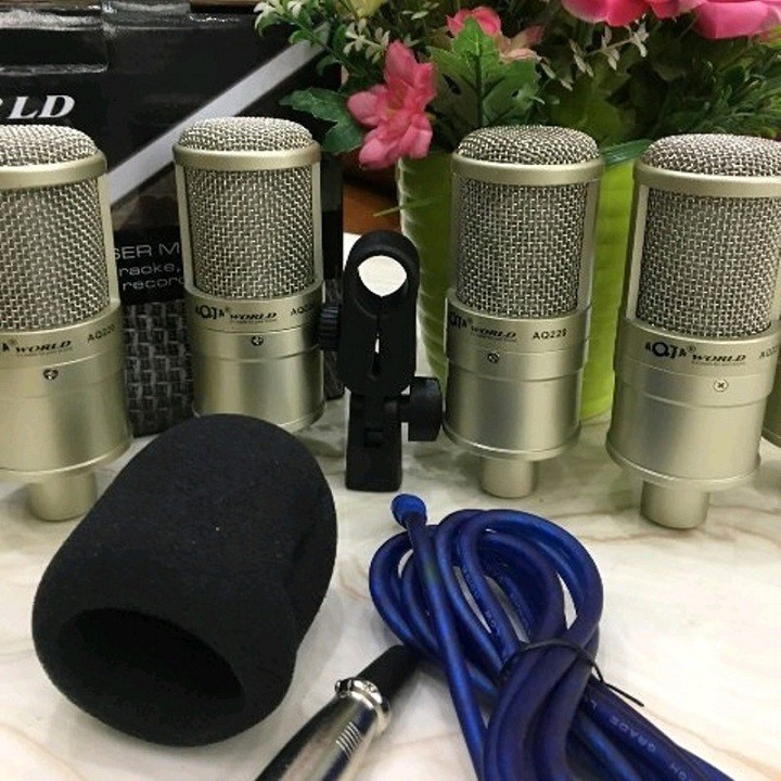 Mic thu âm AQ220 mixer Vinetteam F4 bluetooth dây live stream 3 ĐẦU ,chân kẹp,màng lọc,Jack 6.5 ra 3.5