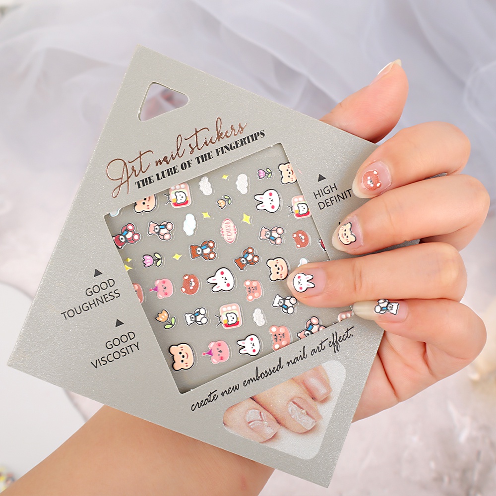Miếng Dán Trang Trí Móng Tay Họa Tiết Gấu Hoạt Hình 5D Ba Chiều
