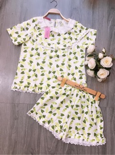 Bộ Thô Lụa Áo Cộc Quần Đùi Phối Ren Tiểu Thư