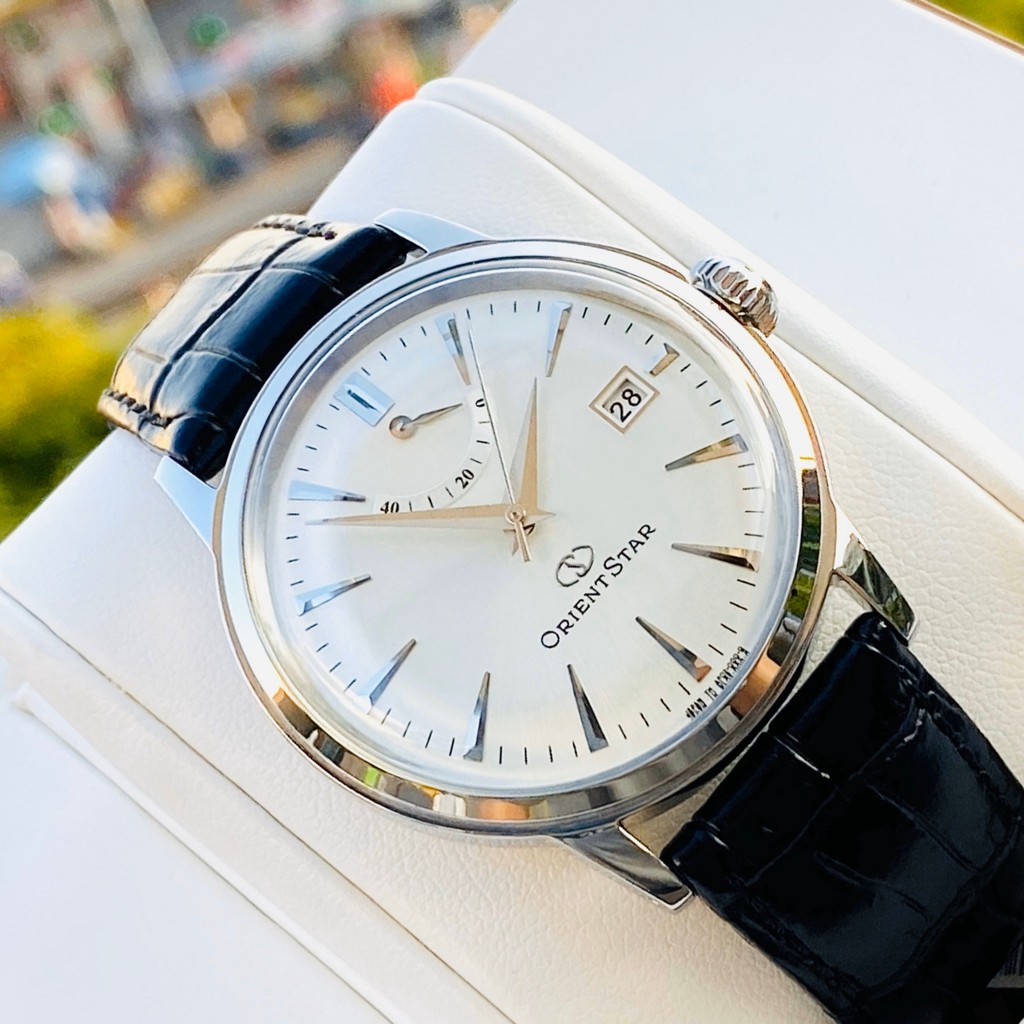 Đồng hồ Nam Orient Star Automatic SAF02004W0 Mặt trắng,Lịch ngày,Kim báo cót-Máy cơ tự động-Dây da đen cao cấp-Size 39mm