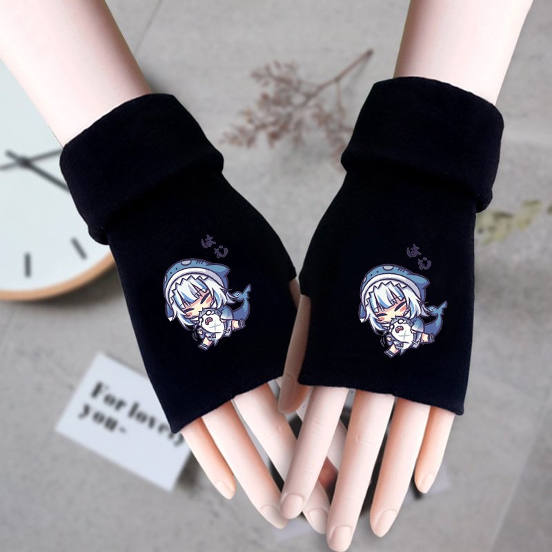 Găng tay len đen in hình GAWR GURA Hololive Vtuber thời trang ấm áp anime chibi xinh xắn