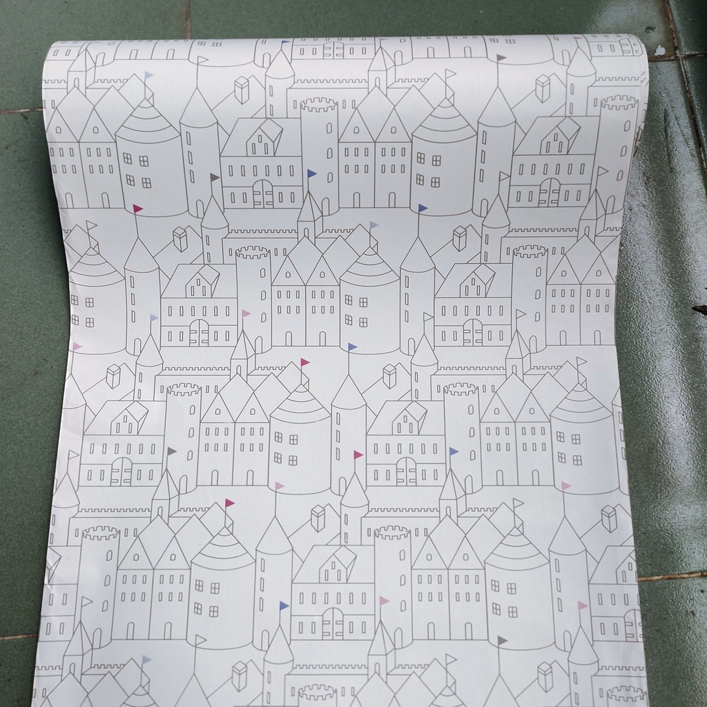 Decal giấy dán tường thành phố hoạt hình khổ 45cm keo sẵn bóc dán