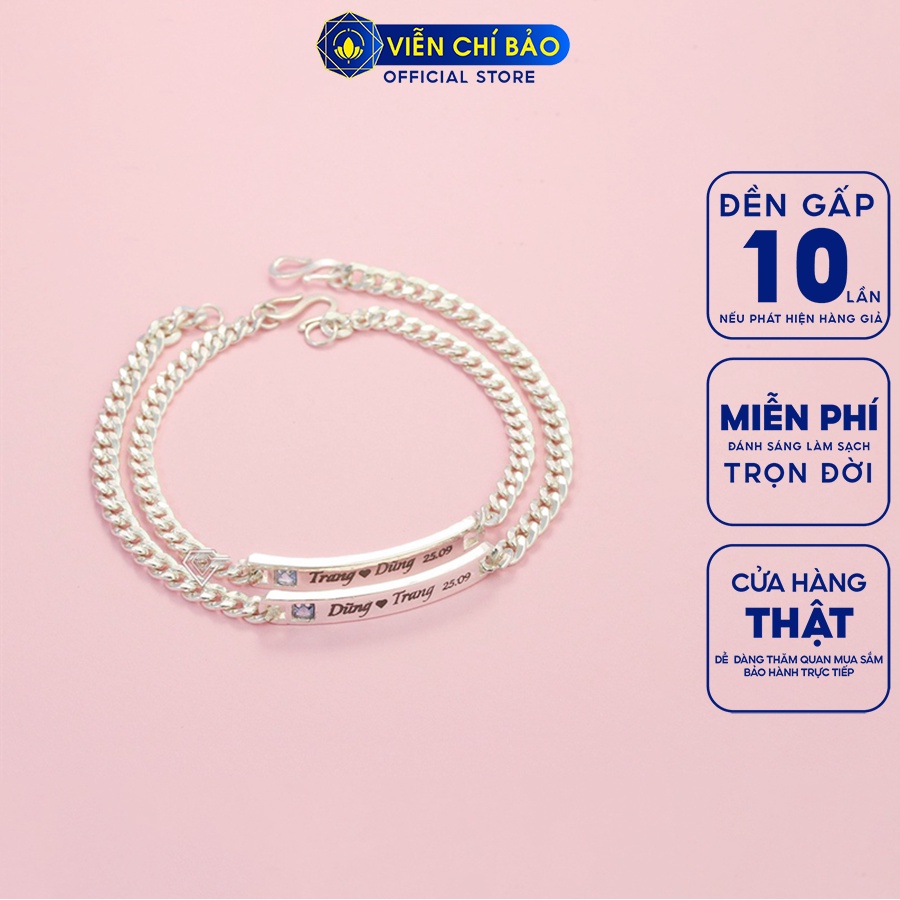 Lắc Tay đôi nam nữ khắc tên đính đá chất liệu bạc 925 thời trang phụ kiện trang sức Viễn Chí Bảo L400177