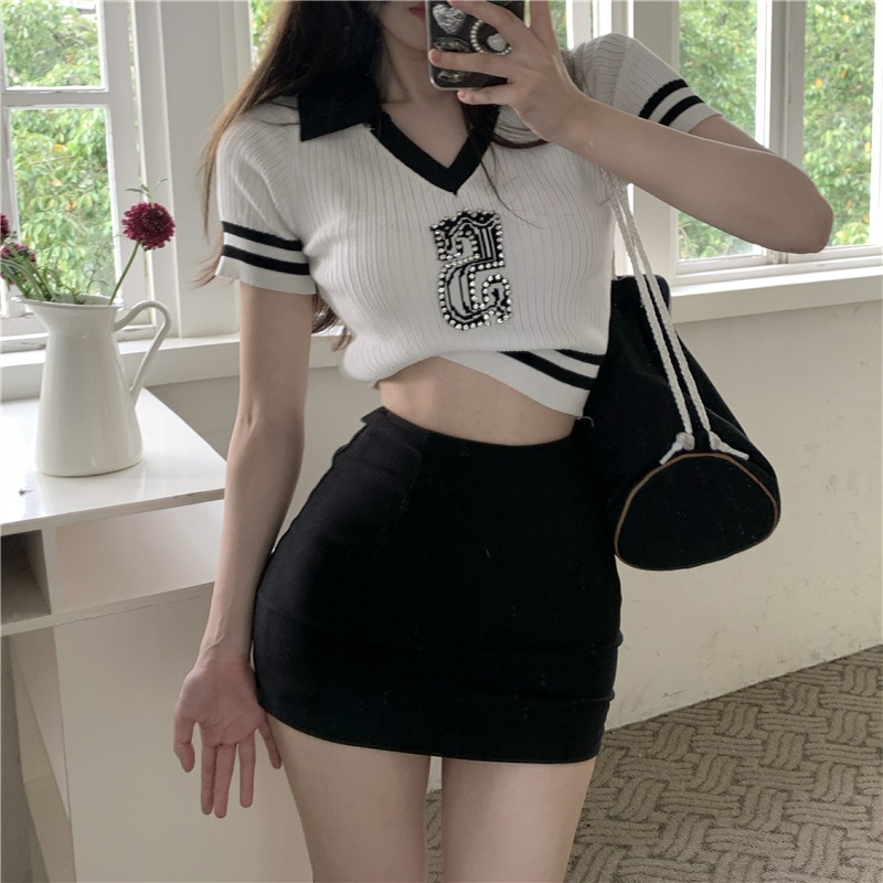 Áo kiểu ZHELIHANGFEI vải dệt kim ngắn tay ôm dáng gợi cảm dành cho nữ