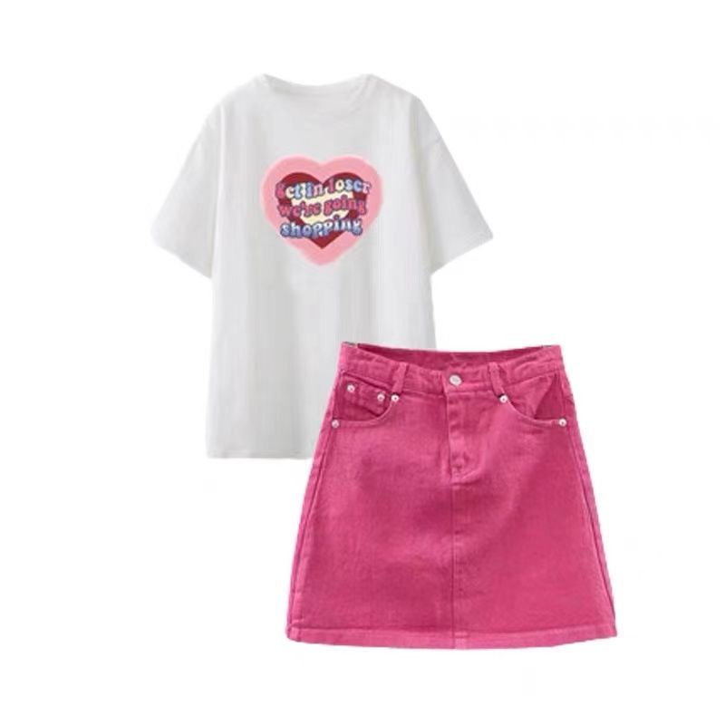 Set Áo Thun Tay Ngắn In Hình Gia Vị Dễ Thương + Chân váy jean Cho Nữ