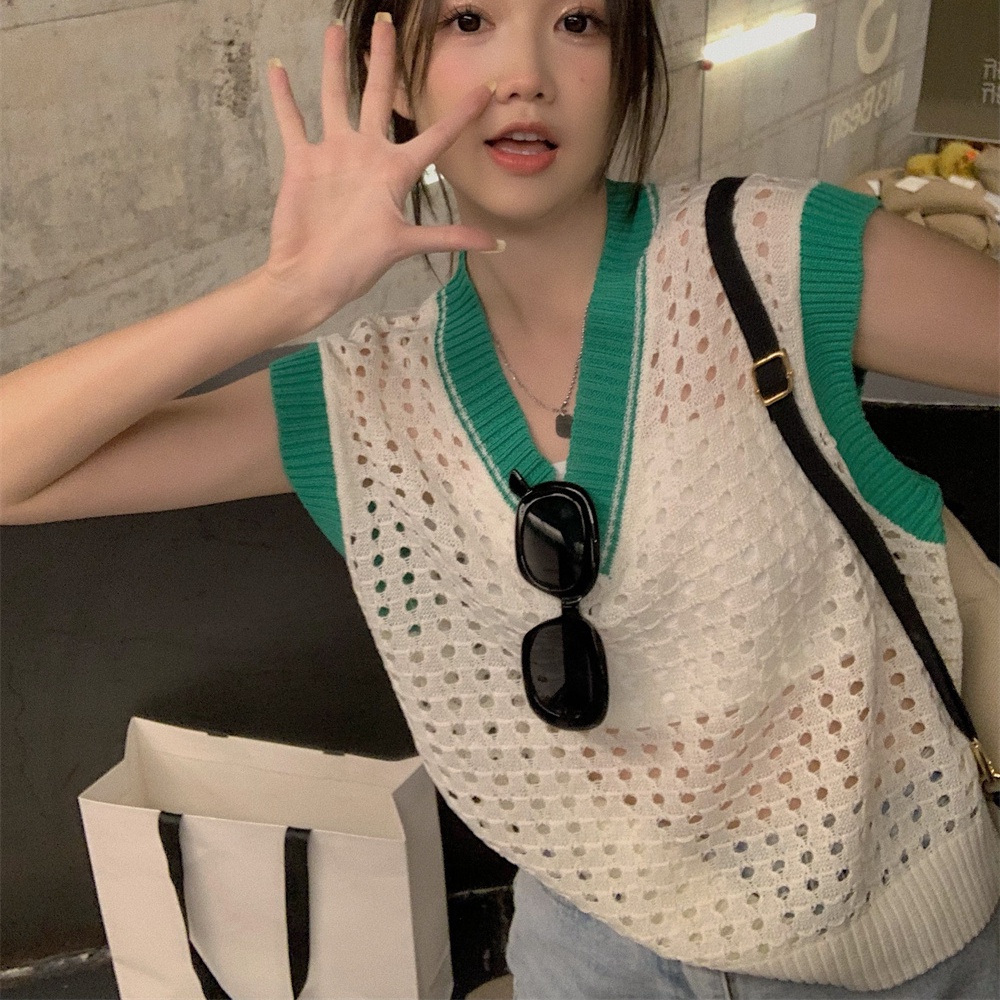 Áo Dệt Kim Sát Nách Dáng Rộng Cổ Chữ V Màu Sắc Tương Phản Thời Trang Mùa Hè Phong Cách Hàn Quốc Cho Nữ