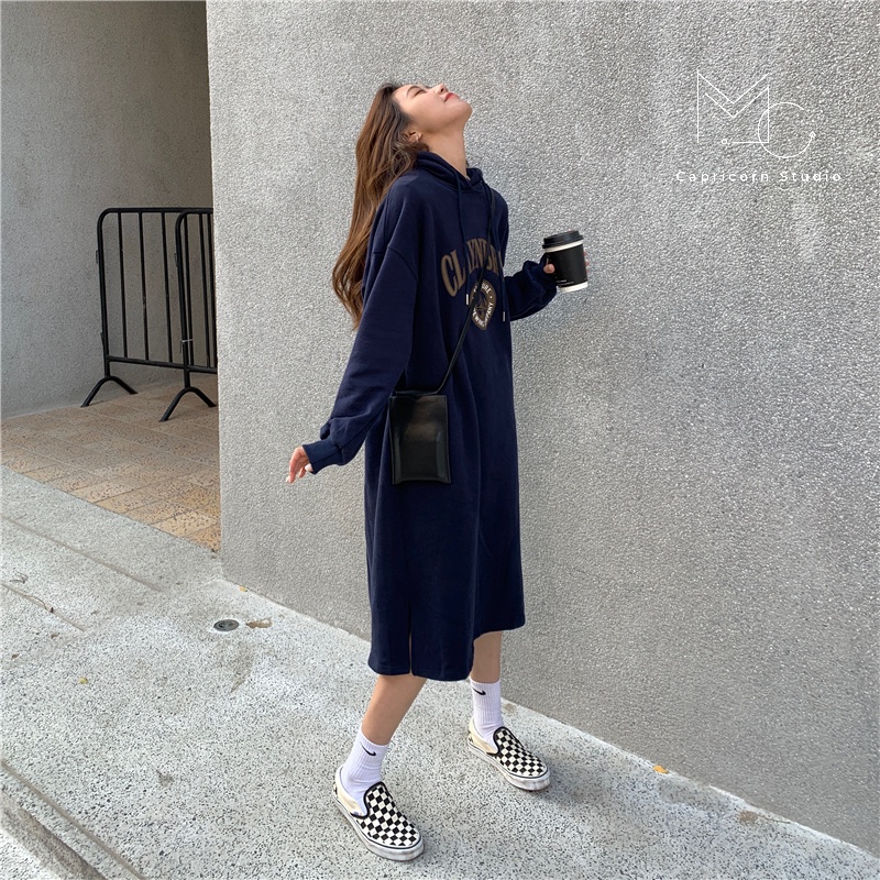 Váy/ Đầm oversize dáng hoodie có mũ trùm đầu dày dặn cho mùa đông ấm áp