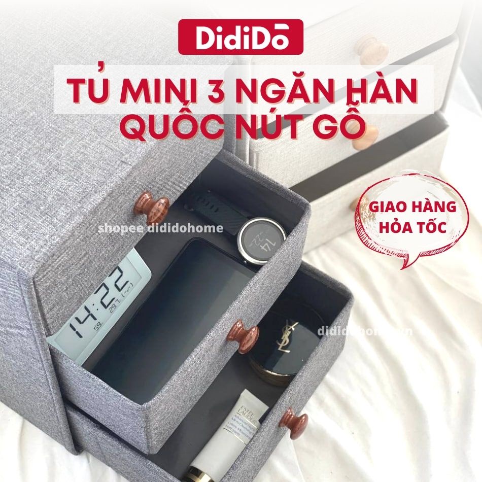 Tủ mini 3 ngăn Hàn Quốc nút gỗ màu xanh