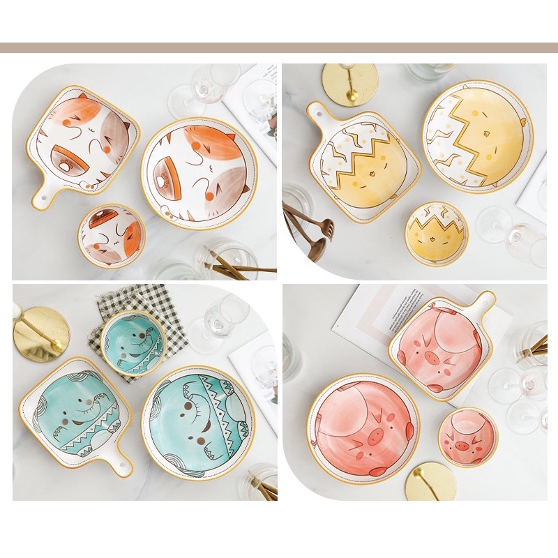 Lẻ Bộ bát đĩa sứ Mèo Lợn Voi Gà 3 món đĩa vuông tay cầm đĩa tròn bát con bát đĩa sứ ăn dặm