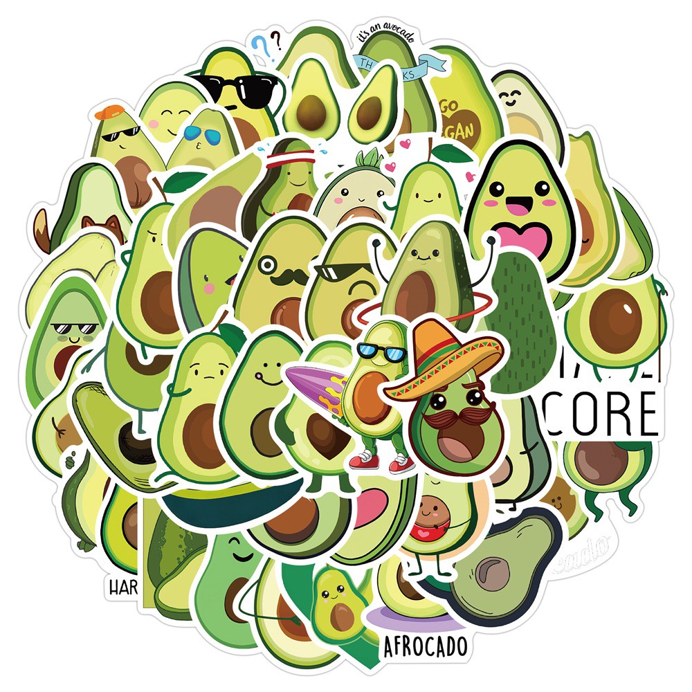 Sticker chống thấm nước Hình bơ 50 chiếc dán nón bảo hiểm, laptop, vật dụng,…